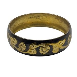 Vintage Brass Black Enamel Etched Floral Vine Bangle Bracelet Gold Tone Boho
